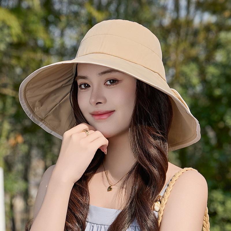

Dew ponytail bow big eaves bucket hat women s spring and summer UV protection basin hat vacation mountaineering sun hat