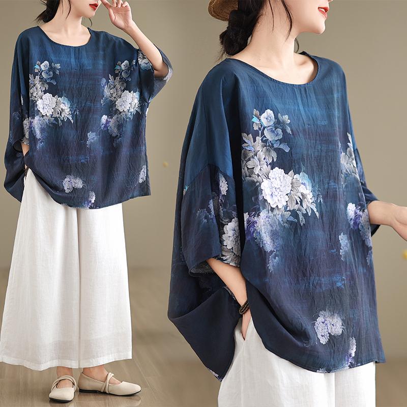 DIMANAF 2024 Sommer Plus Größe Frauen T-Shirts Drucken Floral Elegante Batwing Sleeve Tops Tees Lose Beiläufige Leinen Hemd 91685