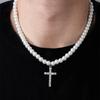 Collana Ciondolo Croce Intarsiata Diamanti Perle Finte Unisex Gioielli di Moda