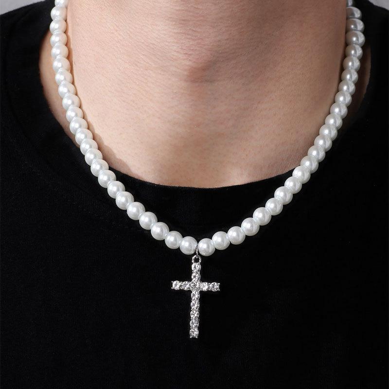 Collana Ciondolo Croce Intarsiata Diamanti Perle Finte Unisex Gioielli di Moda