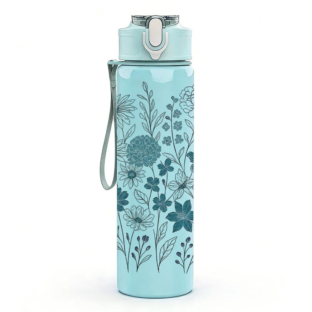 1PC Blue Tone Floral Arrangement 750ml Color Plastic Sports Water Bottle Leakproof Flip Straw Lid Suitable for Sports Office Home Use