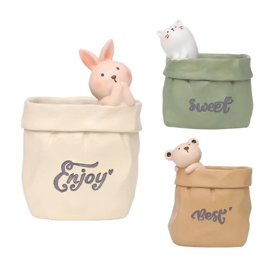Xiaobudian Wrinkled Paper Bag Pen Holder with Animal Decor, Resin Desk Organizer & Succulents Planter, Cute Stationery Gift for Students Office