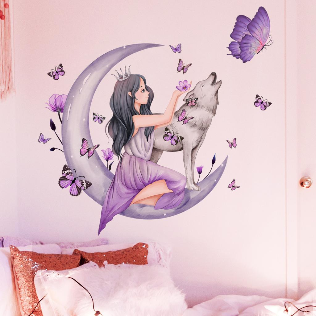 Wolf Moon Butterfly Wall Stickers for Girls Room Decoration Kids Room Decals Bedroom Sticker