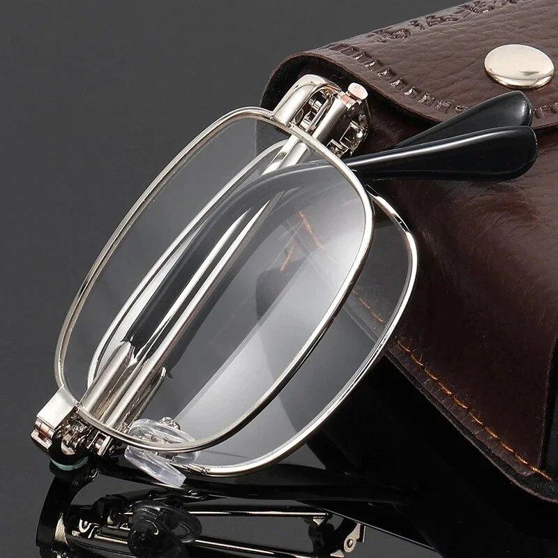 Trend Foldable Metal Blue Light Blocking Reading Glasses Men Portable Metal Eyewear Presbyopia Diopter Glasses with Leather Case