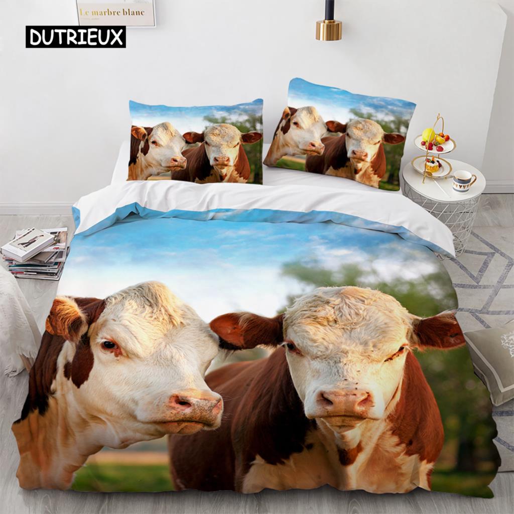 Highland Cattle Duvet Cover Set Funny Farm Animal Comforter Cover for Kids Boy Cow Mountain Meadow Queen Size 2/3pcs Quilt Cover