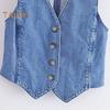 Kvinnor Denim Väst Kjol V-hals Ärmlös Enkelknäppt Kofta Väst Enfärgad Fickor Slim Fit Knapp Dragkedja Stängning Minikjol