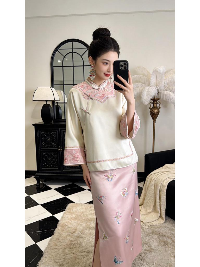 Elegant Embroidered Acetate Half Skirt - New Chinese Style Spring Collection