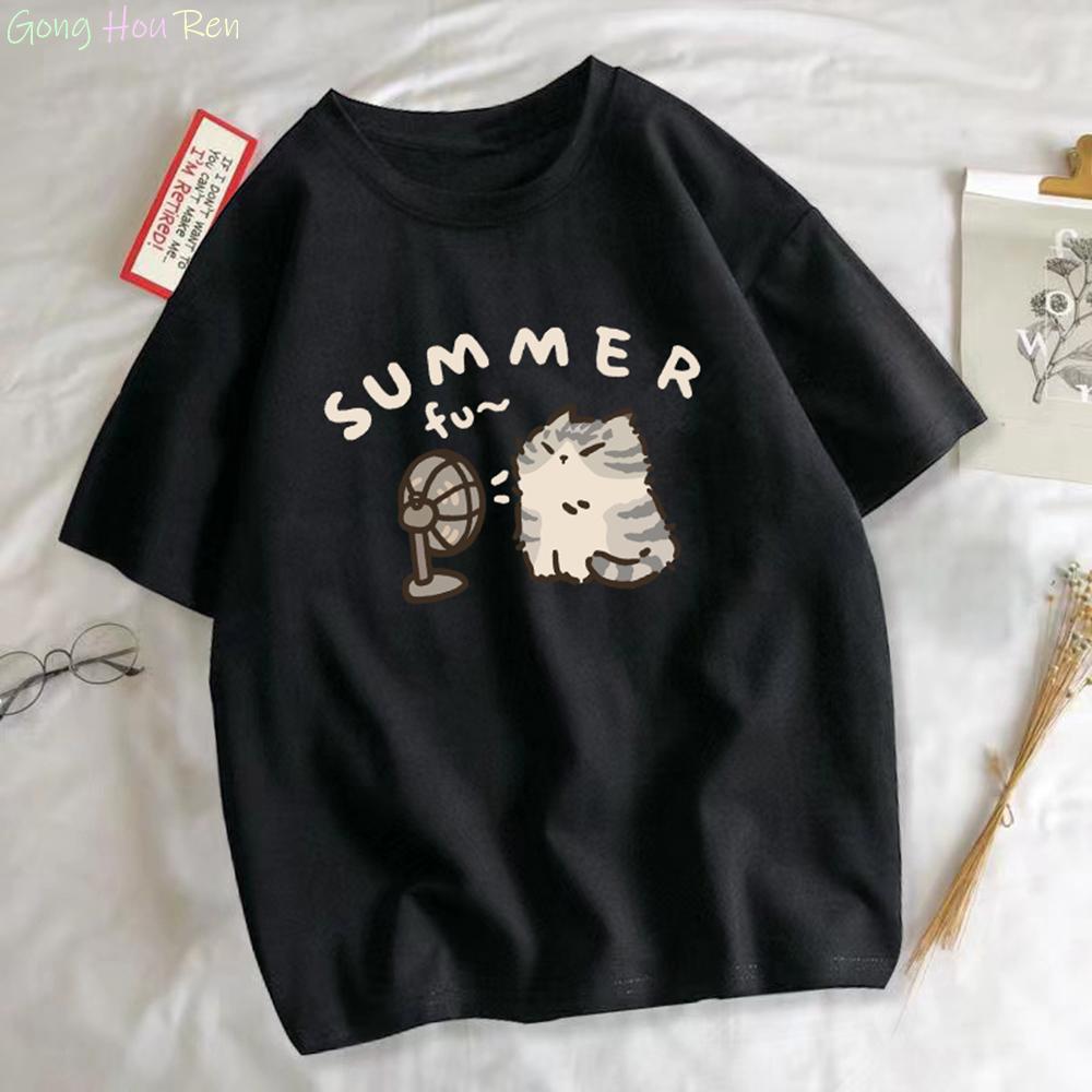 

Забавная футболка с вентилятором и котом Летняя женская одежда Харадзюку Повседневная футболка с коротким рукавом Унисекс Каваий Графические футболки Модал Y2k Топы 4XL