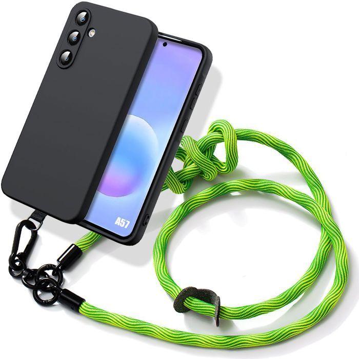 Coque pour Samsung Galaxy A57 5G, Silicone Souple Anti-Rayures Noir avec Cordon Robuste Vert