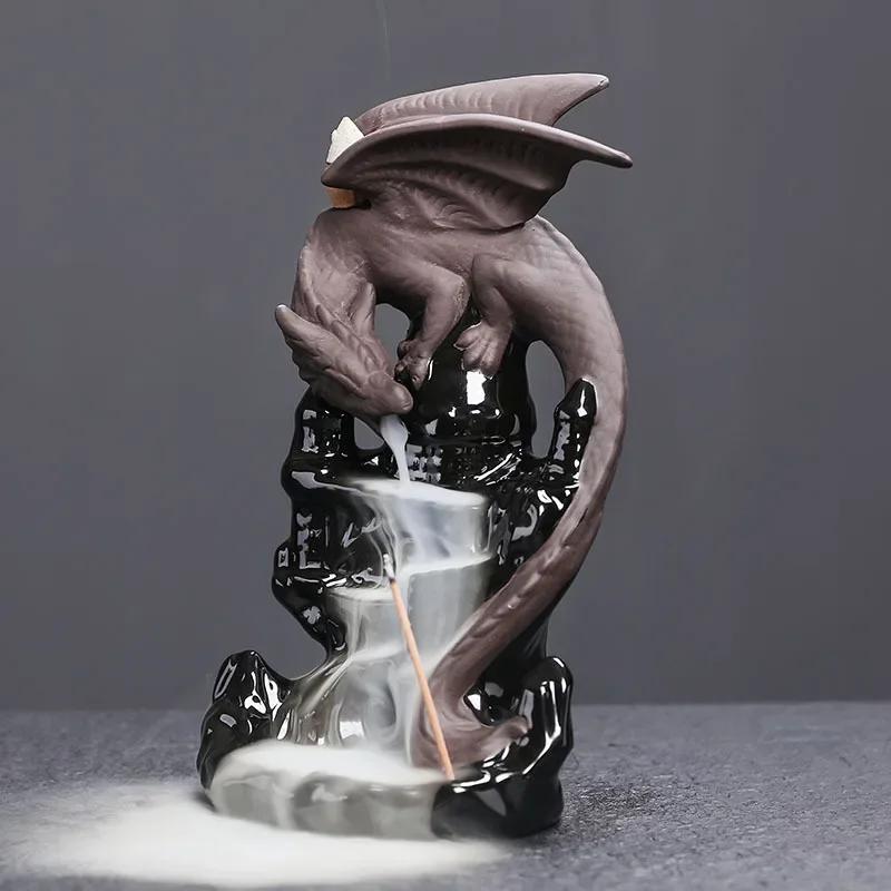 1pc Ceramic Waterfall Backflow Incense Burner with Winged Dragon Castle Design for Lucky Feng Shui Home Decor (Without Incense)