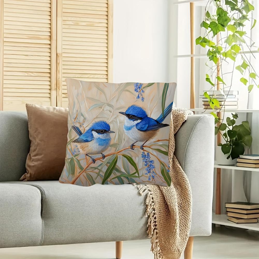 Blue Wren Bird Print Throw Pillow Cover, Vintage Oil Painting Style Decorative Cushion For Living Room Bedroom Sofa Couch