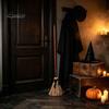 Dynamic Witch Broomstick Electric Broom Toy, with Touch Activated Swinging Prop, Retro Movie Style Straw Broom, for Halloween Party Courtyard Display