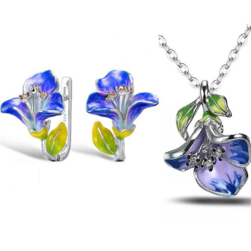 

2 шт./компл. эмаль фиолетовый цветущий цветок серьги ожерелье изящный обручальный свадебный комплект украшений