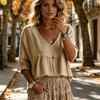 Women Tops V Neck 3/4 Sleeves Pure Color Lace Splicing Design Tee Shirt Loose Fit Versatile Summer Shirt Daily Wear