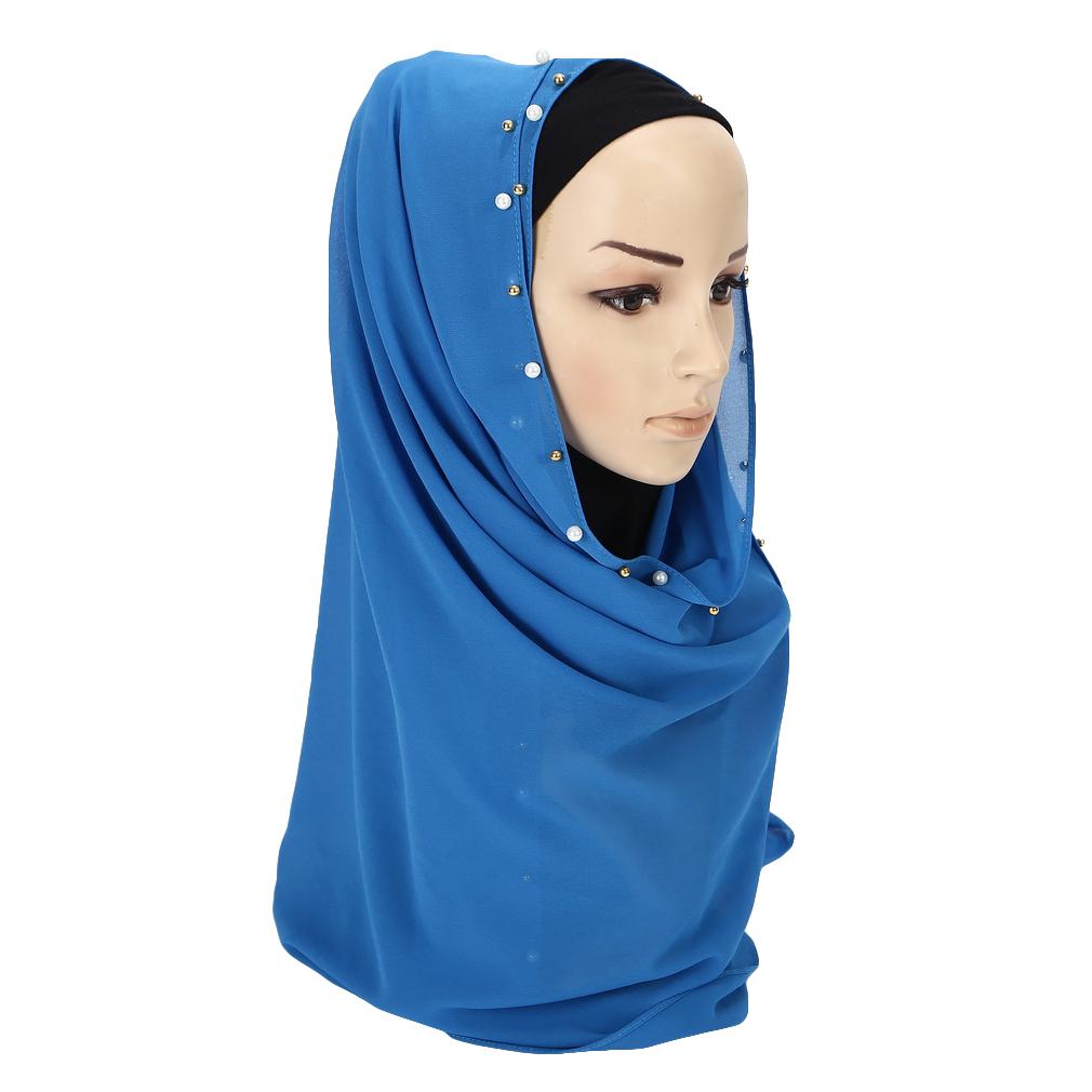 Women's Solid Chiffon Pearl Scarf, Elegant Beaded Hijab Shawl, Muslim Headscarf for Daily/Party