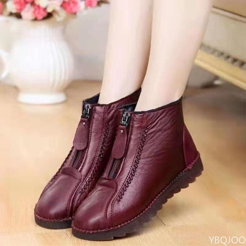 Fashion Winter Women Ankle Boots Fashion Warm Mother's Boots Flat-Bottom Comfortable Non Slip Front Zipper Closure Female Footwear