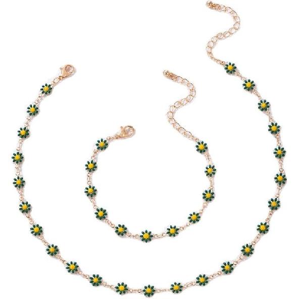 Pingyongchang Daisy Flower Necklace and Bracelet Set for Women - Bohemian Enamel Choker, Handmade Gold Spring Sunflower Jewelry for Party and Beach