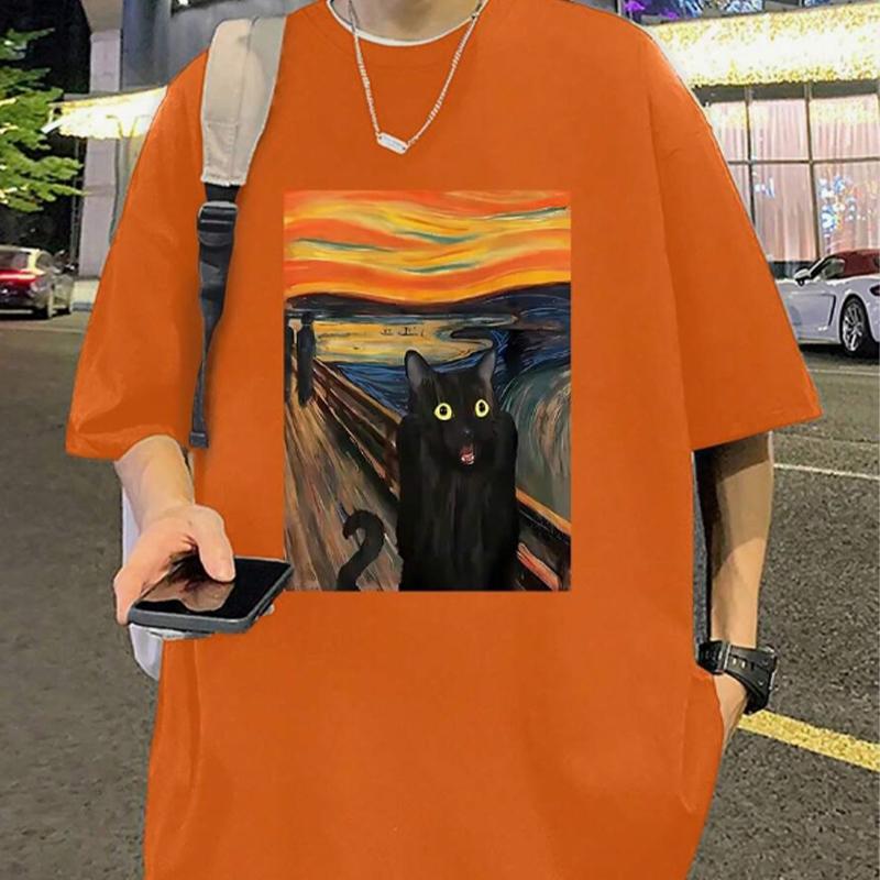New Summer Men's Fashion T-shirt Oil Painting Cat Printed Men's T-shirt Top