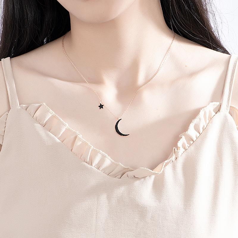 Black Star Moon Necklace Women Korean Style Moon Simple Temperament Chic Clavicle Chain Student Personality