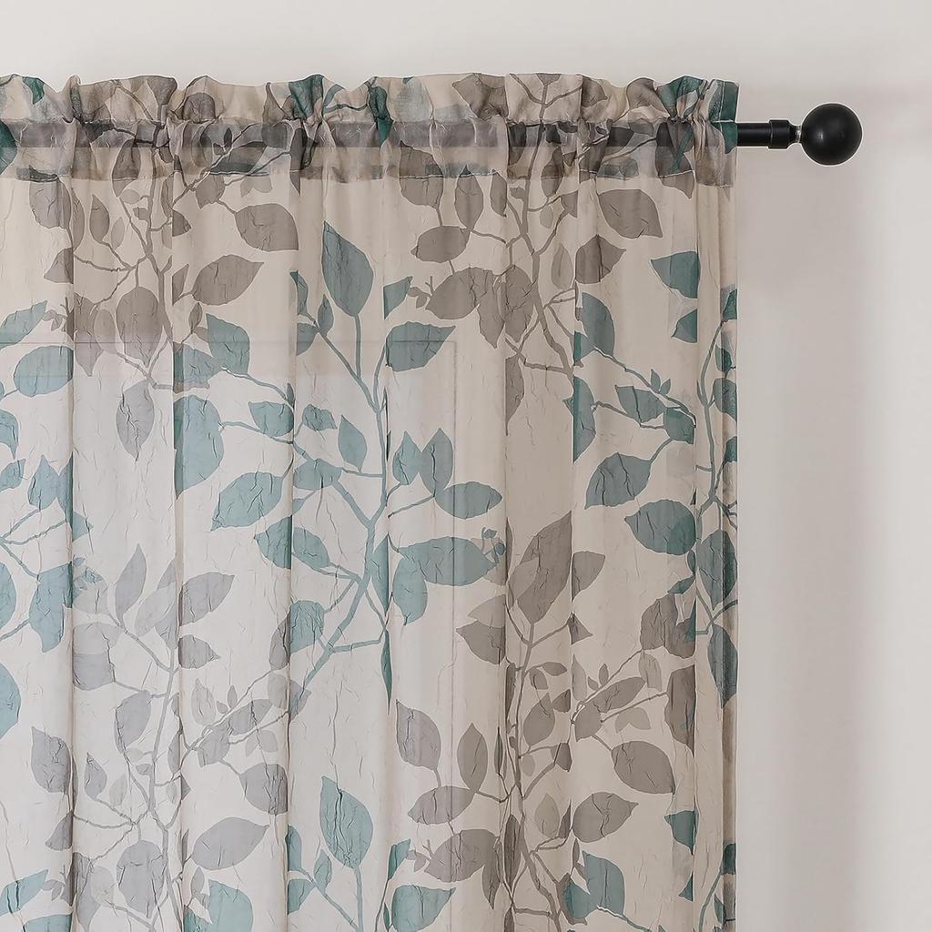 OWENIE Floral Sheer Curta with Pattern 63 Inches Long 2 Panels Set for Living Room Bedroom, Sheer Floral Curta with Printing Leaf Design Rod Pocket