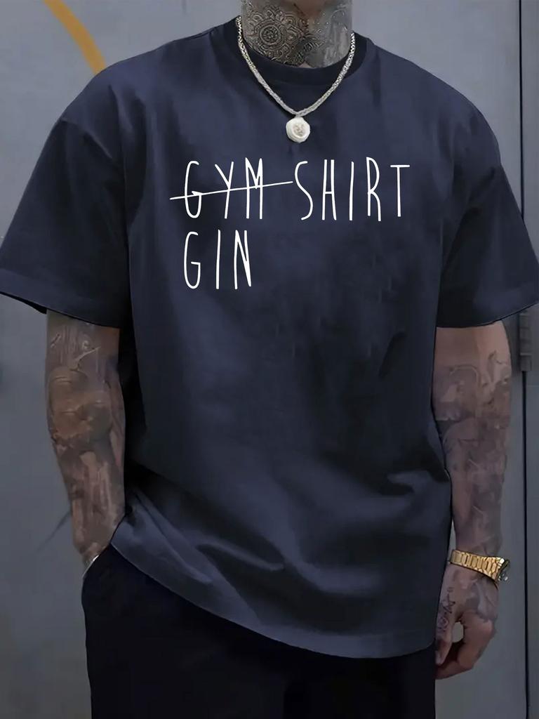 Unisex Short Sleeve Crew Neck Tee Gym Gin Funny Text Print Cotton Workout Drinking Casual Daily Top For Fitness Lover Adult Guys