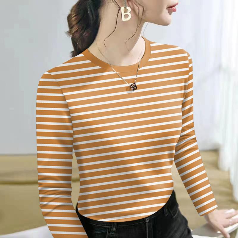 Women's Round Neck Long Sleeve Loose Fit Top Casual Striped Layered T-Shirt