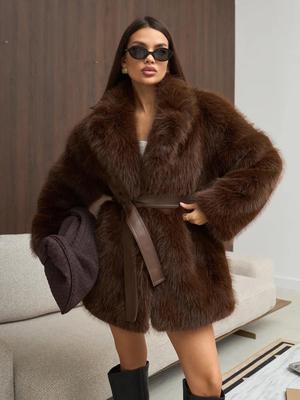 Women's Faux Fox Fur Belted Coat - Eco-friendly Fluffy Jacket