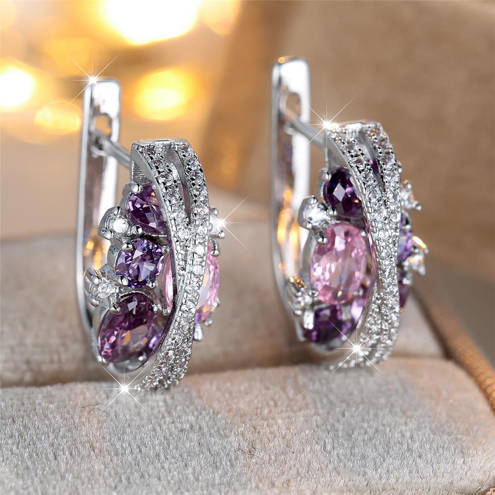 Charm Female Pink Blue Crystal Zircon Stone Hoop Earrings Silver Color Simple Wedding Jewelry For Women