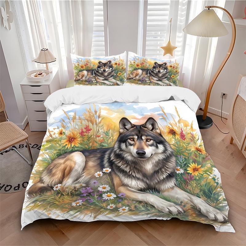 3pcs Wolf's Peaceful Rest amidst Nature's Bounty Quilt Cover Set - Soft and Cozy Bedroom, Guest Room and Dorm Decorative Bedding
