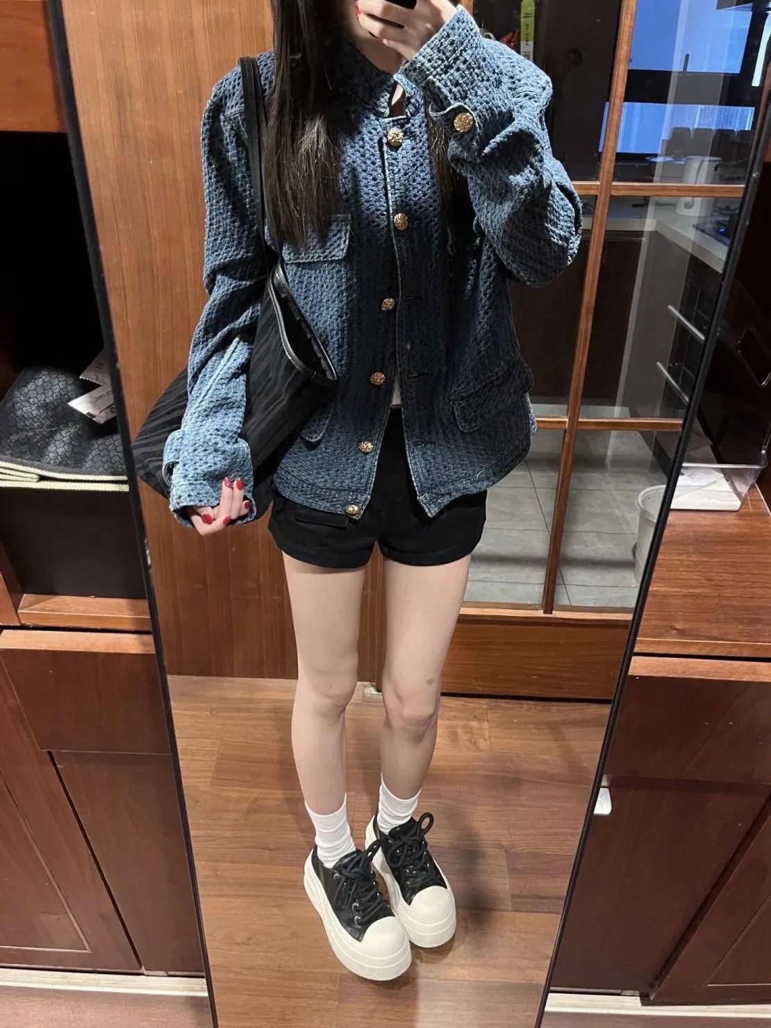 Женская синяя джинсовая куртка в стиле французский шик - Стиль Old Money, Короткий топ для миниатюрных, Осень 2025 Large