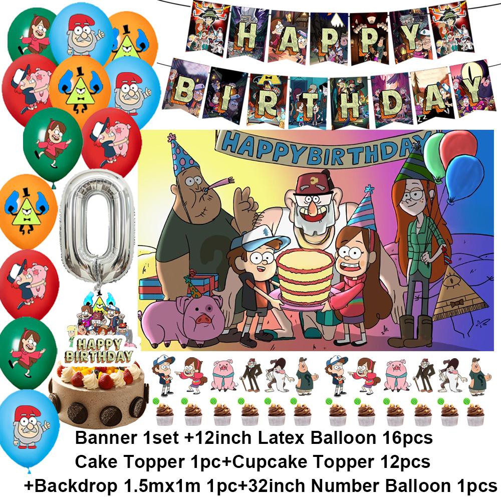 G&Gravity F-Falls Theme Birthday Party Decoration Cartoon Backdrop Banner Cake Topper Number Balloon Baby Shower Party Supplies