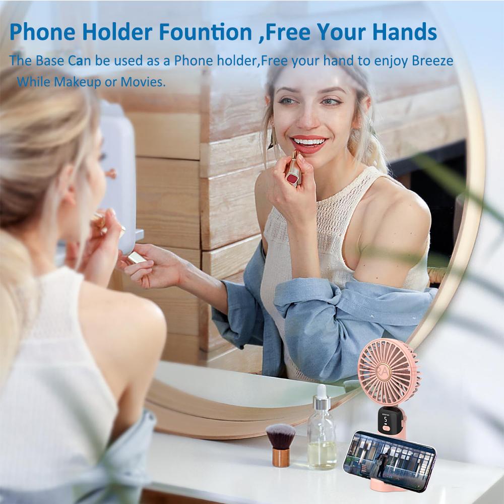 Handheld Fan Portable Neck Hanging Fan 5 Speed USB Rechargeable with Phone Stand and Display Screen Mini Foldable Fan for Travel