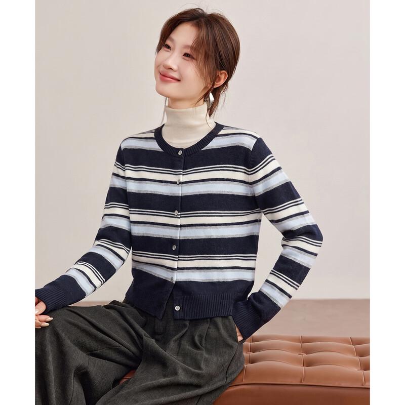 Shexi 100% Wool Striped Crew Neck Knitted Cardigan
