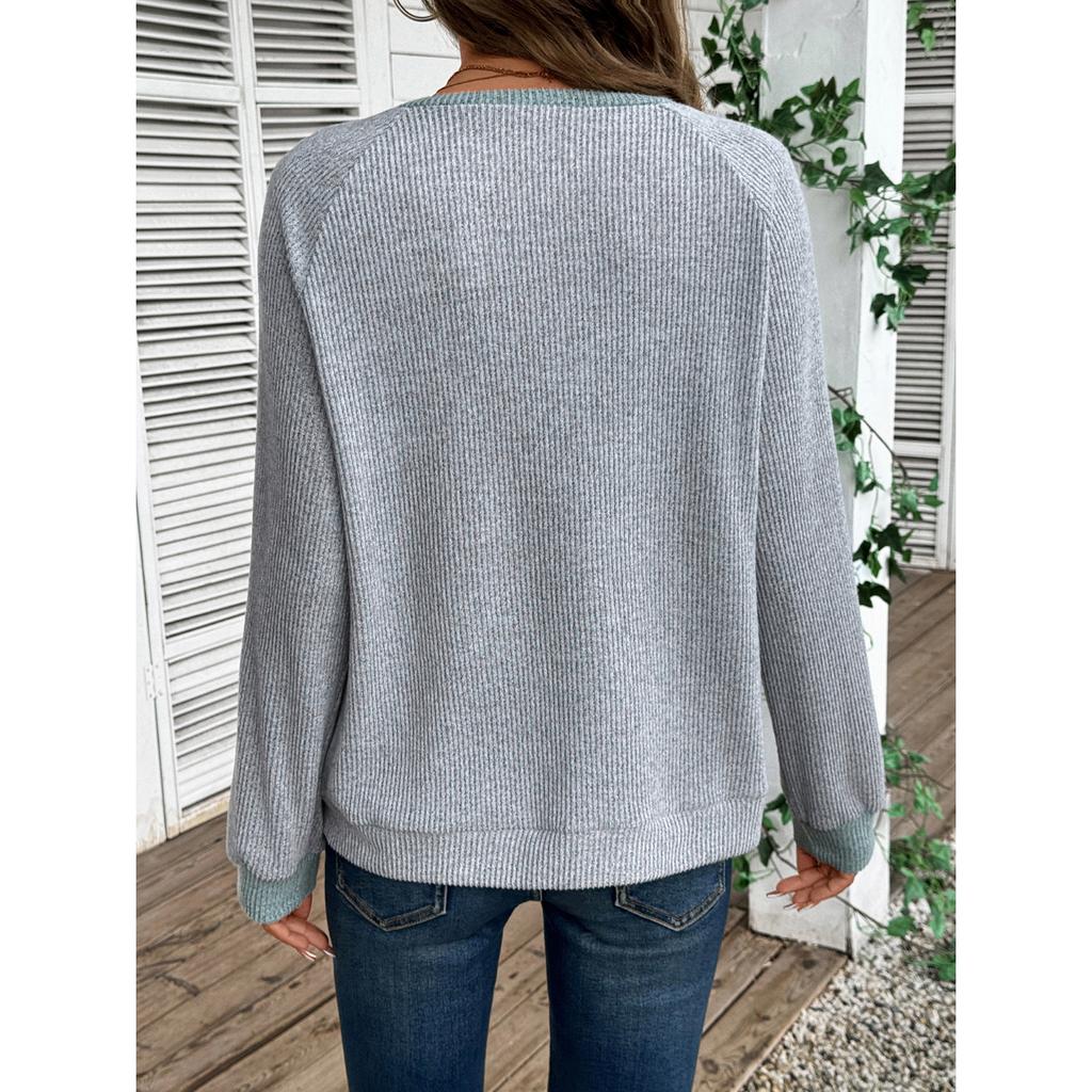 Women's Autumn Winter V-Neck Color Block Top, Oversized Drop Shoulder Long Sleeve Casual Loose Fit Sporty Streetwear Shirt