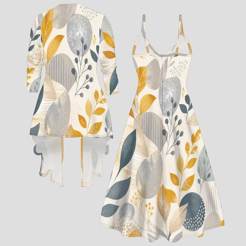Women Plus Size Two Piece Outfit Long Sleeve Open Cardigan Cami Maxi Dress