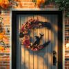 Halloween Crescent Moon Cat Wreath Gothic Garland Decor Handmade Artificial Halloween Door Hanging Decor Halloween Decor Supply