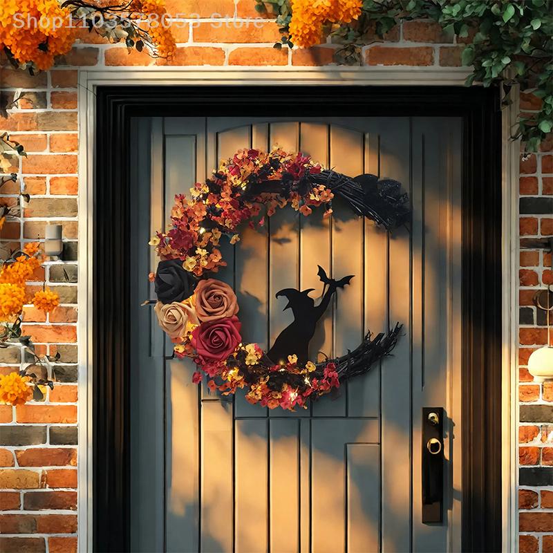 Halloween Crescent Moon Cat Wreath Gothic Garland Decor Handmade Artificial Halloween Door Hanging Decor Halloween Decor Supply