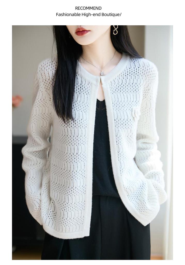 2025 Women's Shawl Style Sweater Cardigan: Round Neck, Hollow Out, Loose Fit, Versatile Long Sleeve, 100% Wool Outerwear
