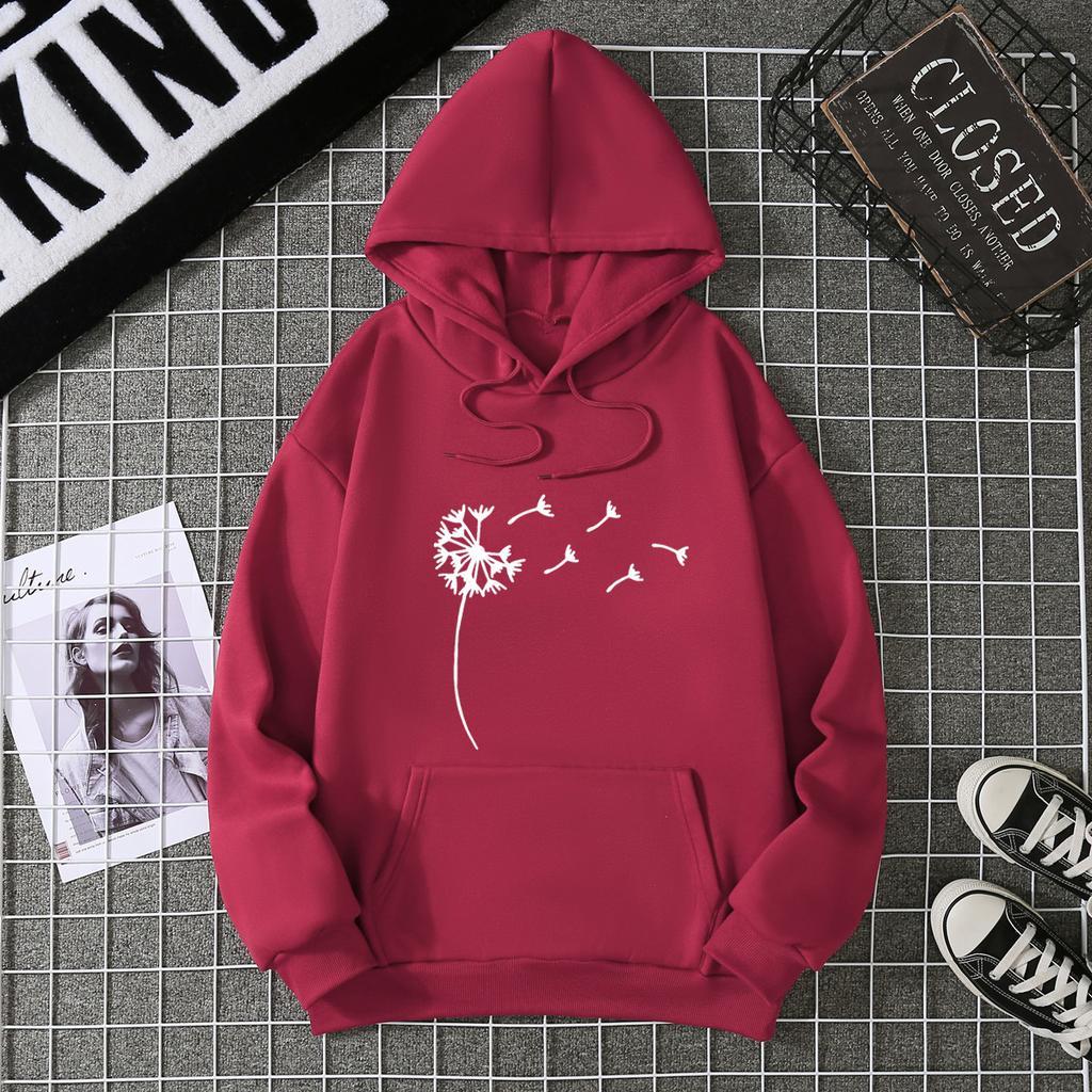 Women's fleece sweater plant print kangaroo pocket drawstring print hoodie
