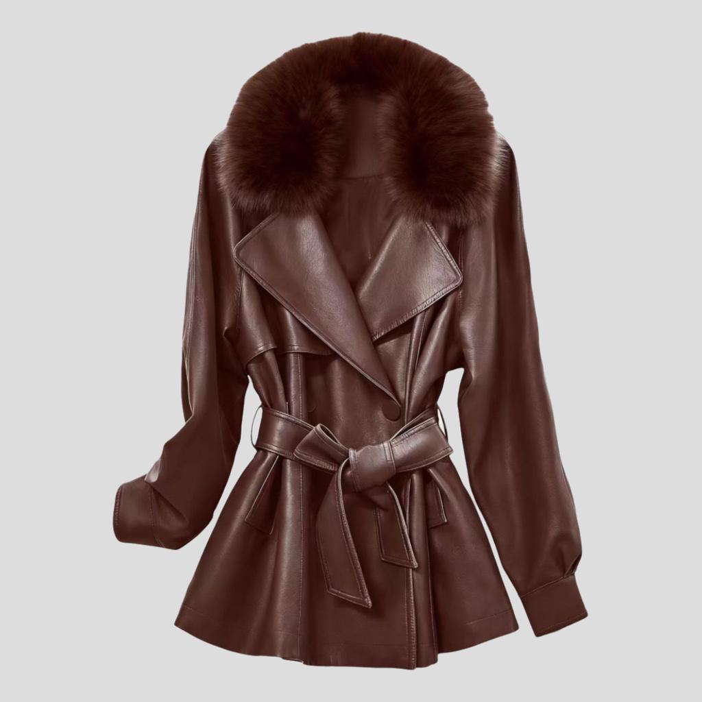 Autumn Women's Padded Leather Jacket Slim-fit V-neck Leather Trench Coat Windproof PU Leather Jacket