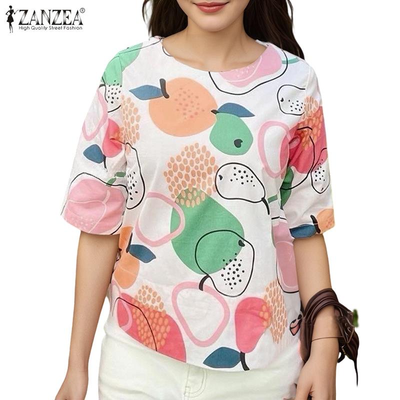 ZANZEA Women Print Casual Round Neck Loose Summer Half Sleeve Blouse
