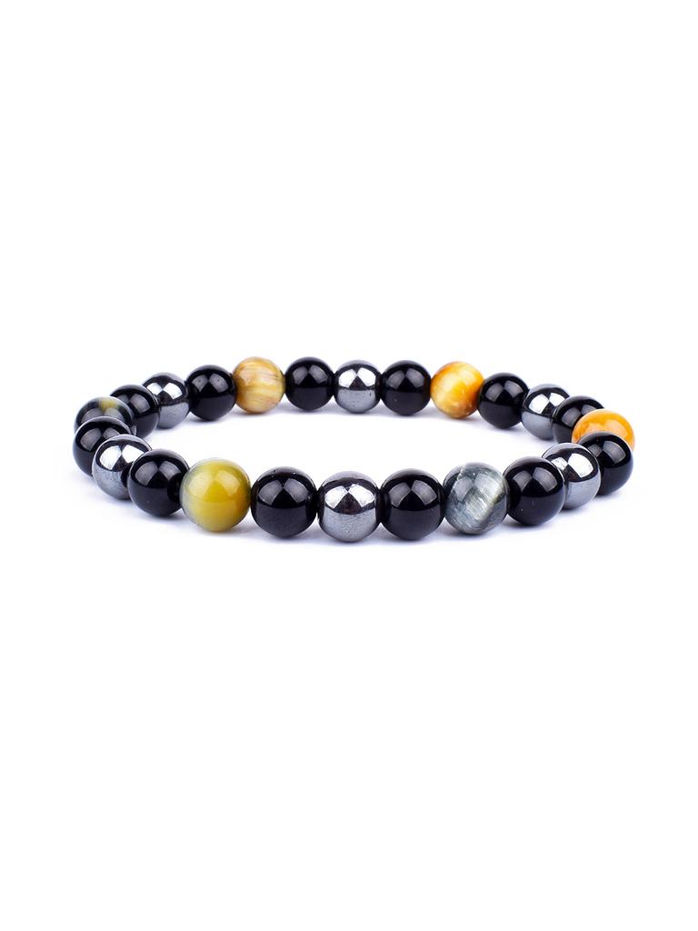 Triple Protection Natural Stone Beads Bracelet Tiger's Eye for Courage Obsidian for Grounding & Pyrite for Wealth Health Jewelry