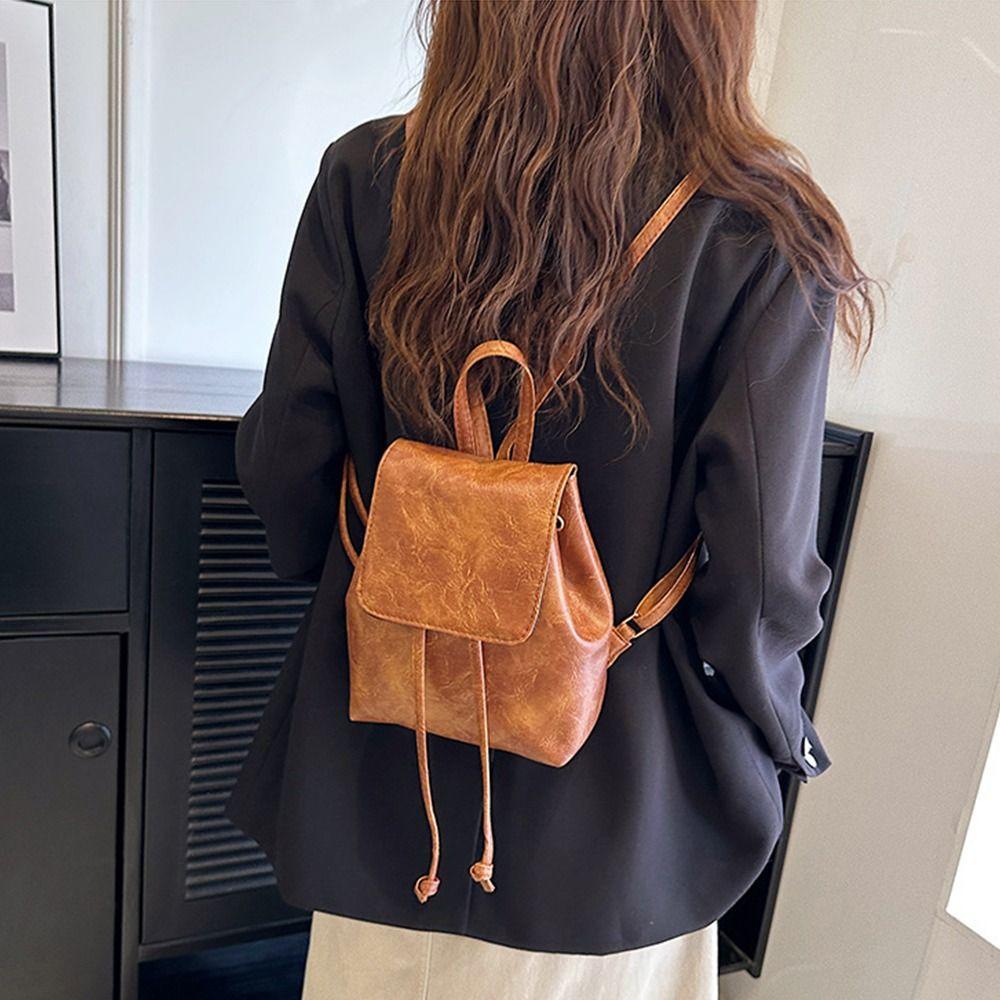 Small Pack Solid Color Shoulder Bag PU Retro Backpack Cute PU Backpack Lady