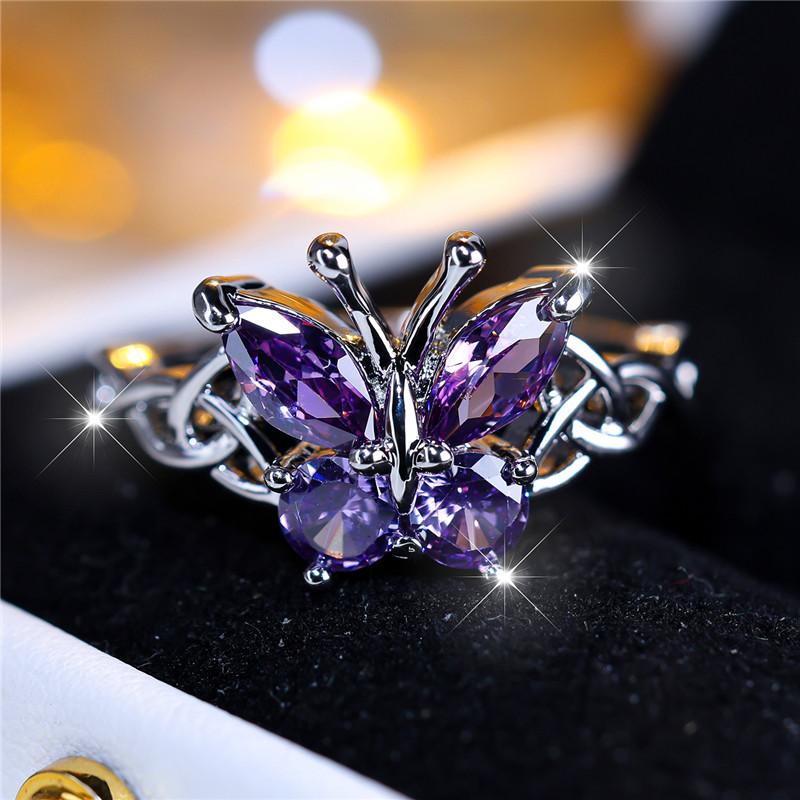 Elegant Female Purple Butterfly Zircon Stone Engagement Ring Silver Color Summer Wedding  For Women 5