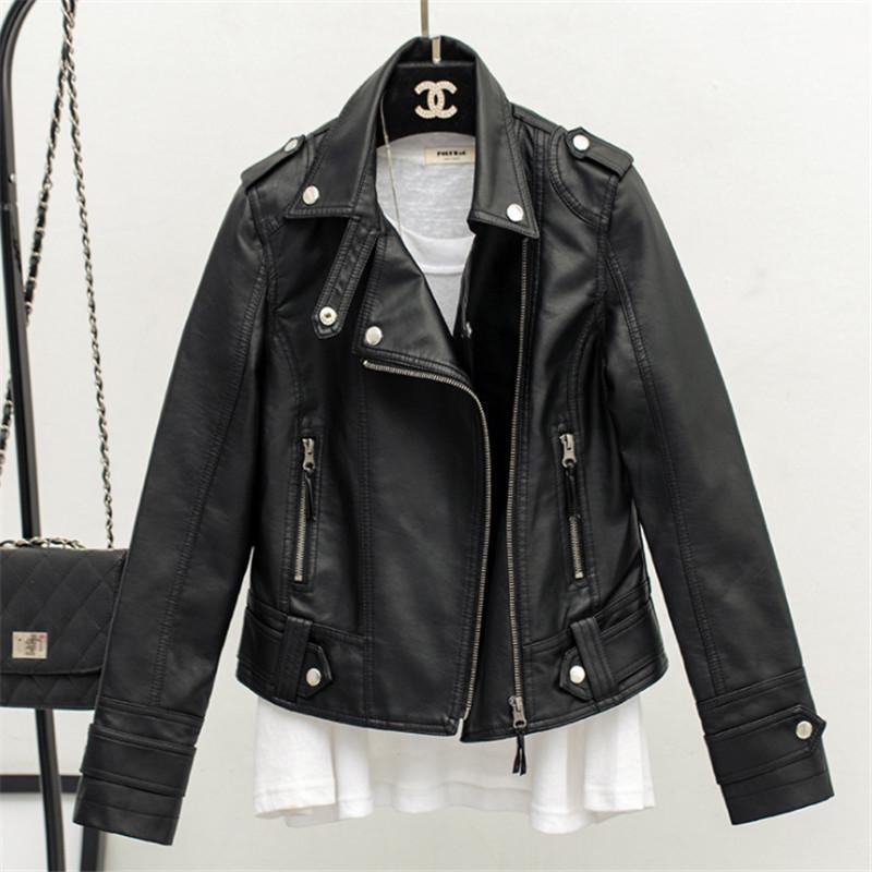 2023 Haining Spring & Autumn Women's Slim Fit PU Leather Motorcycle Jacket with Turn-Down Collar