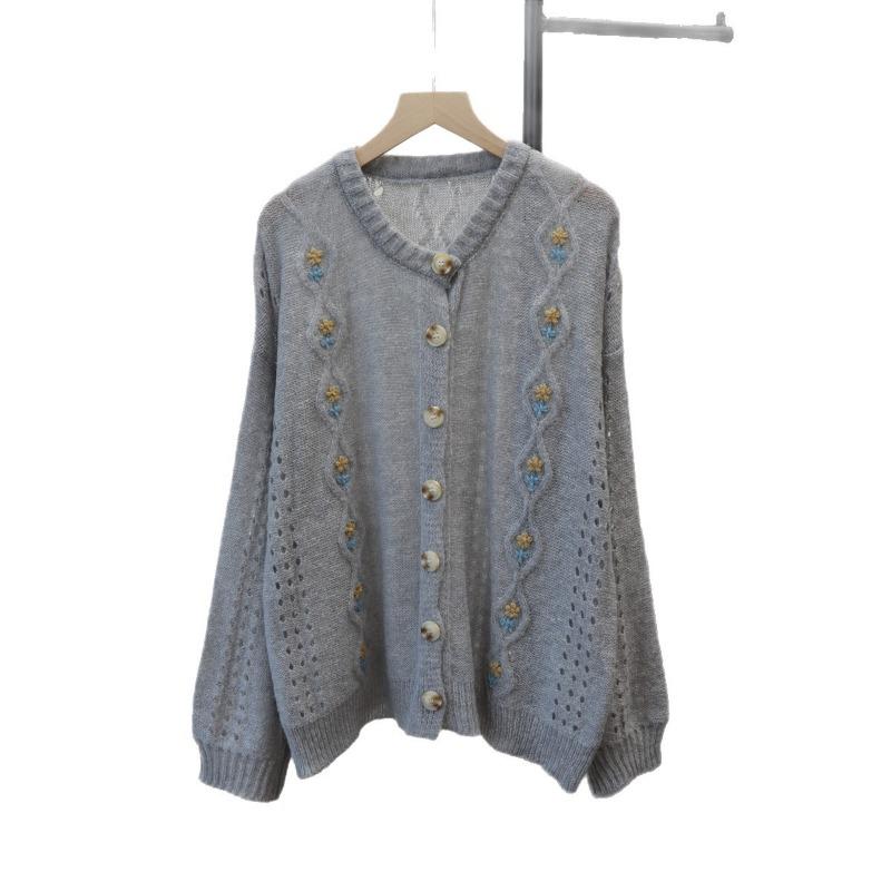 Early autumn new thin hollow embroidered knitted cardigan soft waxy loose gentle wind long sleeve sweater jacket women