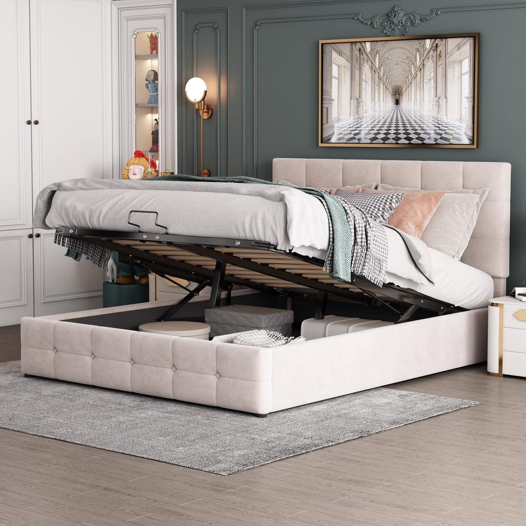 Polsterbett mit Bettkasten, 140 x 200 cm Samt-Stoff Doppelbett mit Lattenrost und Stauraum, Einfacher Stil, Grau