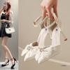 High Heels Women's New Spring and Autumn Hollow Pointed Pearl Bow One-word Buckle Stiletto Single Shoes Women