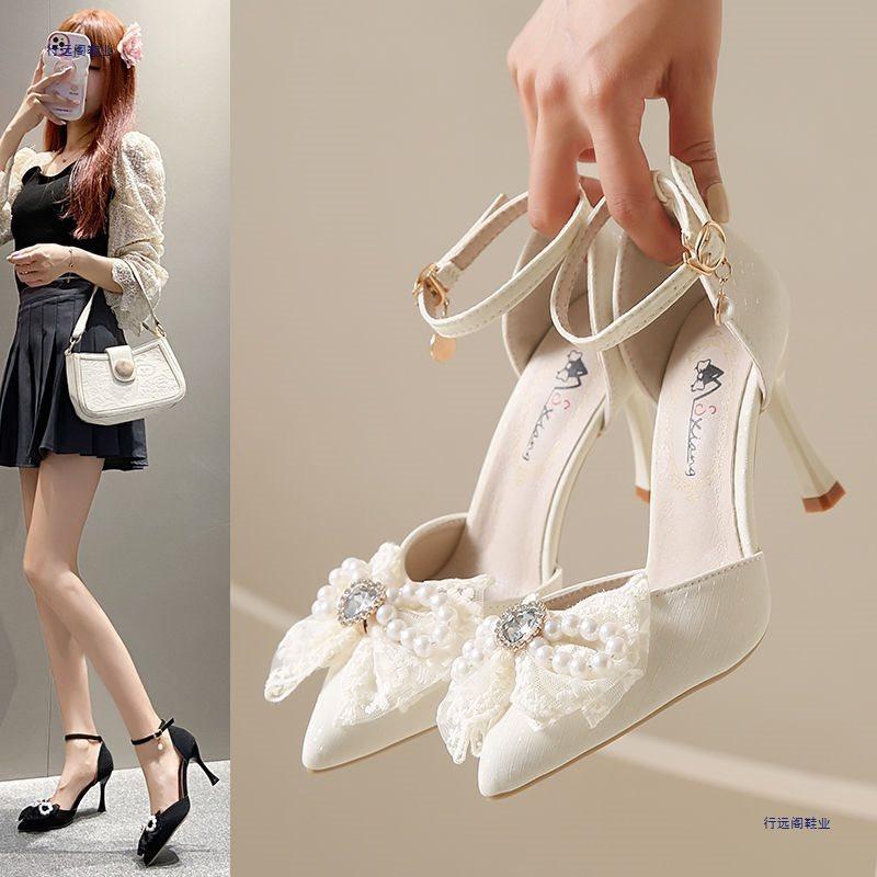 High Heels Women's New Spring and Autumn Hollow Pointed Pearl Bow One-word Buckle Stiletto Single Shoes Women