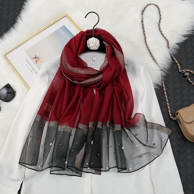 Fashion Luxury Silk Scarf For Women Shawls With Beads Long Scarf For Women Female Foluard Stoles Bandana Head Wraps Headscarf
